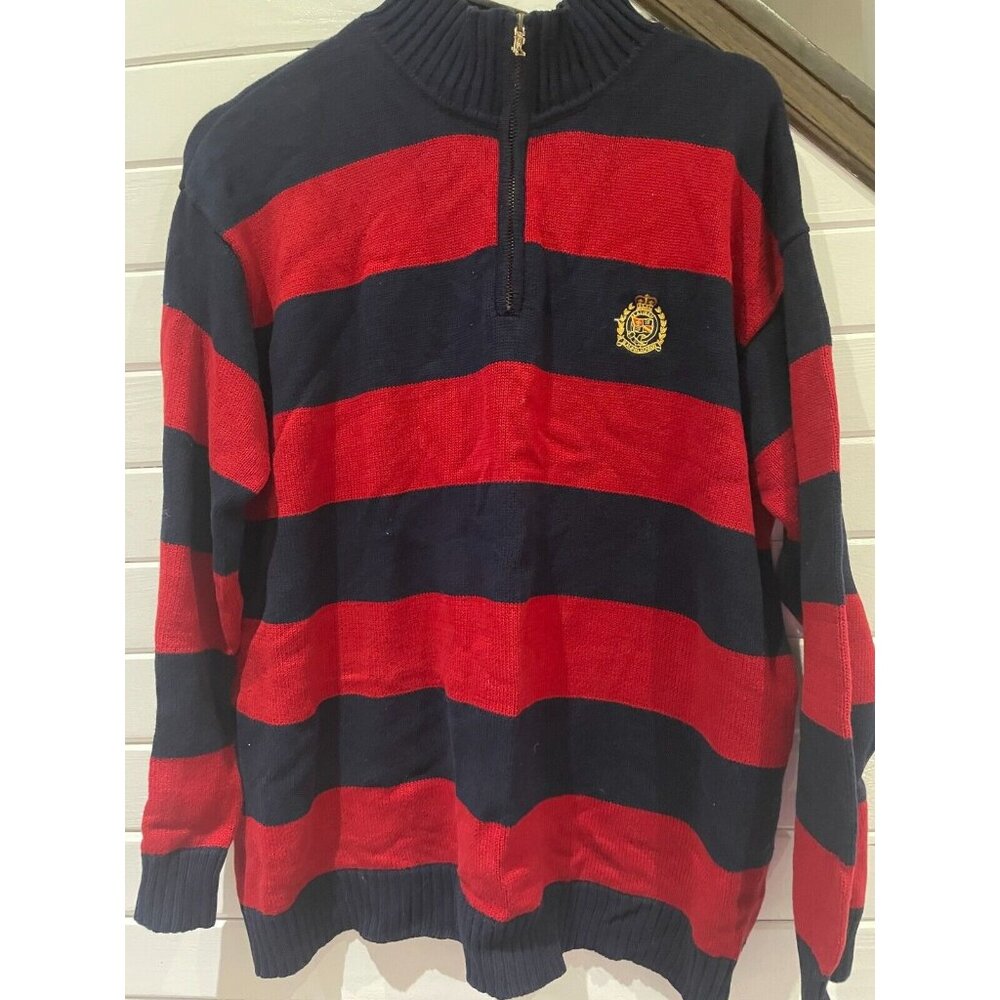 Lauren Ralph Lauren mens XL sweater 1/4 zip CREST embroidery navy red stripe
